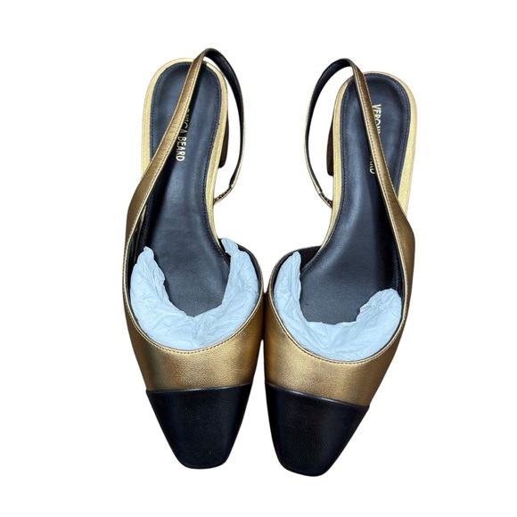 Veronica Beard Cecile Slingback Heels Women’s Sz 7.5‎ Black Gold Leather Cap-Toe - Picture 2 of 13